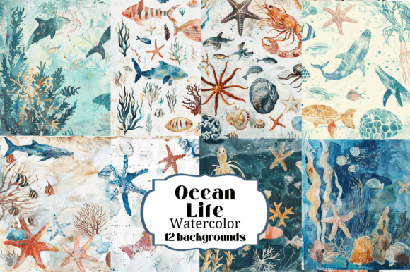 12 Ocean Life Watercolor Backgrounds for Creative Projects